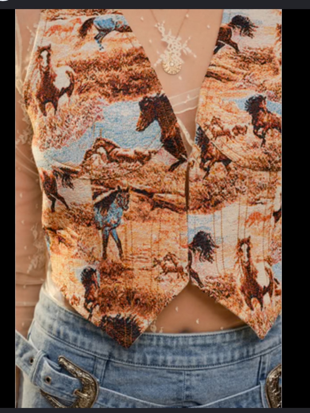 NWT blue b Townsend Provisions Western Horse Print Jacquard Vest in Brown & Blue